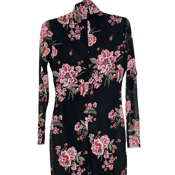 Harlow & Rose Mesh Sheath Midi Dress Small Black Floral Sheer Long Sleeve 90s - Picture 4 of 11